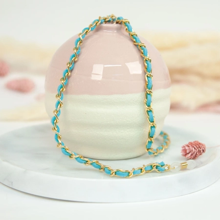 Łańcuszek do okularów metalowy, Bolzano, jasnoniebiesko-złoty - 1 szt.